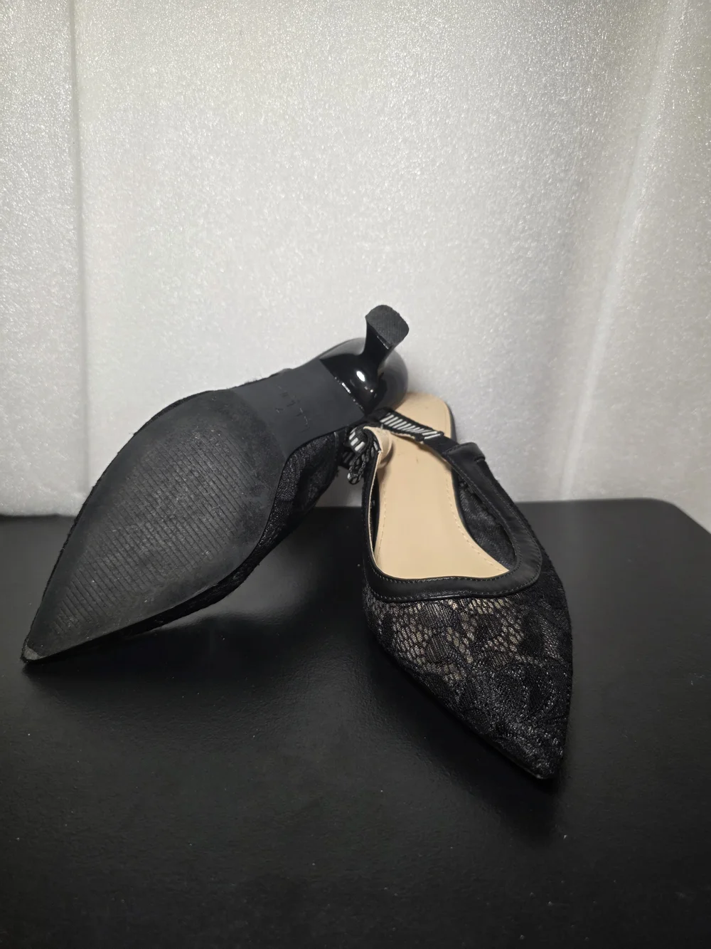 Black Lace Pointed Slingback Flats with Bow Accent